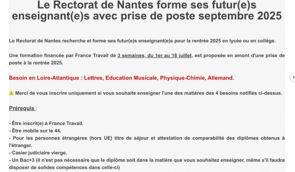 Annonce sur France Travail : Le rectorat de Nantes forme ses futur(e)s enseignant(e)s avec prise de poste en septembre 2025.